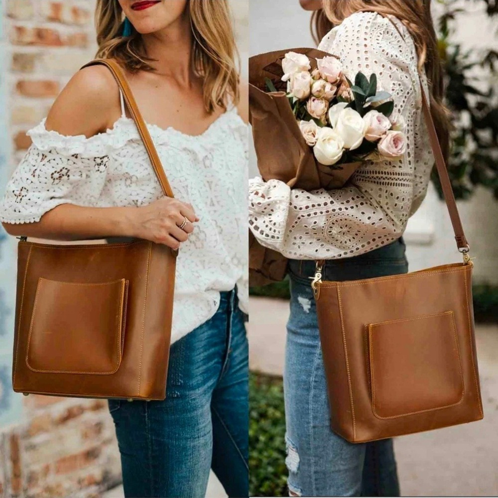 S-ZONE 2023‎ Medium Crossbody Tote Brown Distressed Leather with Pouch